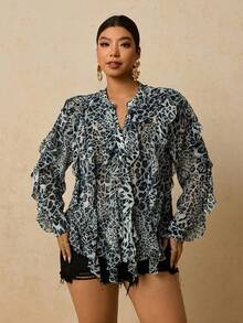Travachic Plus Size Women Chiffon Leopard Print Long Sleeve Blouse, Leopard Print Ruffle Hem Shirt - Multicolor - View 3
