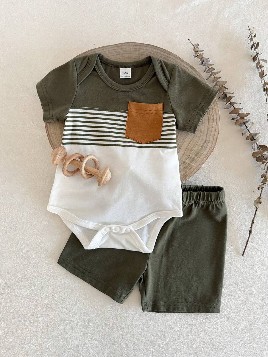 SHEIN Playful Pals Bộ đồ liền thân 2 món cho bé trai sơ sinh: áo liền quần tay ngắn màu nâu có túi và quần short cạp chun, mềm mại và thoải mái, phù hợp mặc ở nhà và ngoài trời, mùa xuân/hè, áo liền thân cho bé, quần short cho bé trai, quần áo sơ sinh, quần áo bé trai 0-9 tháng tuổi. - màu xanh lá - Xem 1