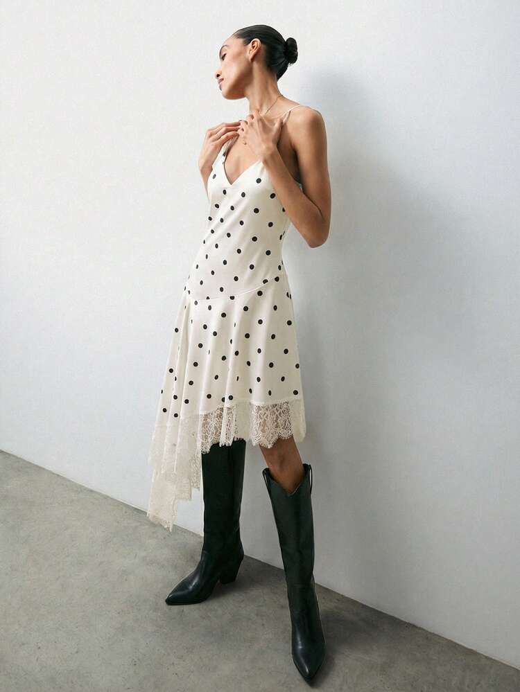 SHEIN Maija Wczesnowiosenna sukienka damska z koronką i kropkami, na ramiączkach typu spaghetti, idealna na przyjęcie walentynkowe