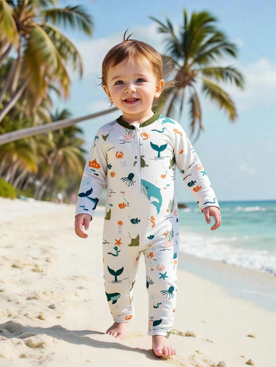 SHEIN Đồ bơi cho bé trai, áo tắm liền thân, tay dài và quần dài, có khóa kéo dễ mặc vào và cởi ra, vải dệt kim, họa tiết rùa dễ thương in kỹ thuật số, đồ bơi đi biển cho bé trai. - Nhiều màu - Xem 1