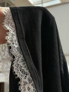 FavEase 黑色针织面料，白色蕾丝拼接，V领吊带露背修身女式上衣，可爱甜美优雅浪漫约会外出复古简约日常休闲学院风 - 黑色 - 查看 7