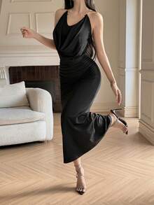 Feyla Women's Elegant Solid Color Plunging Neck Backless Dress, Summer - Black - View 6