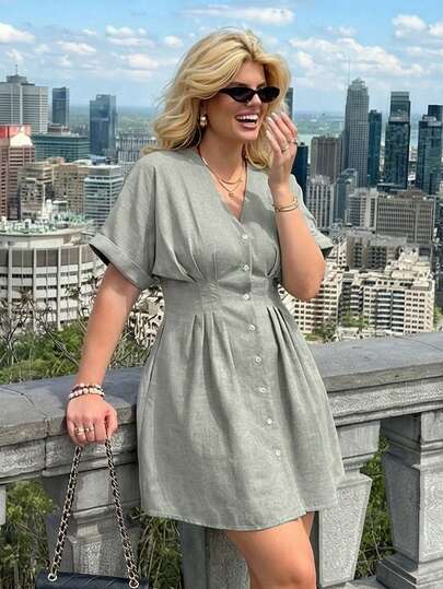 Dripcurv Plus-Size Women's Spring Green Mid-Sleeve Fitted Waist Casual Dress, With Gathered Waist,Spring Outfit Women Plus Size Dress Button Down Dress, Summer Dresses, Spring Clothing