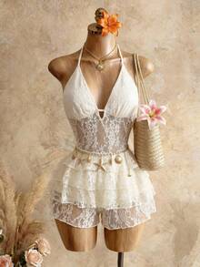 Mistrie Lace Cake Tie-Up Sexy Halter Jumpsuit Romper For Women, Spring/Summer - Apricot - View 5