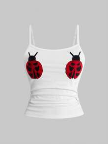ROMWE Avant Women's Retro Casual Ladybug Embroidered All-Match Camisole - Dark Grey - View 1