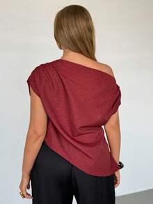 Auralis Plus Size Red Asymmetrical Neck Woven Fabric Blouse With Elegant Ruched Details Batwing Cap Sleeve Plain Regular Length - Red - View 5