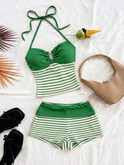 Soleia 2pcs Striped Knit Texture Sleeveless Top With Metal Buckle Spaghetti Strap And Shorts Set, Casual Vacation, Party, Date Night, Nightclub, Bohemian, Boho, Vintage, Holiday Outfit For Women