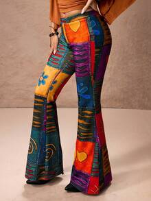 ROMWE PETITE 春夏朋克风拼接印花喇叭裤 - 橘色 - 查看 4