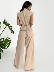 Firerie Quần ống rộng nữ thanh lịch mùa hè, kiểu dáng tối giản, thoải mái, màu cà phê, chất liệu vải lanh, chất liệu tre, thắt nút. - trắng - Xem 2