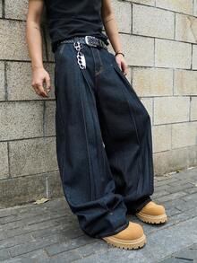 Manfinity EMRG 男士阔腿拼接牛仔裤 - 深色水洗藍 - 查看 4