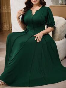Modelyn Plus Size Women V-Neck Lace Patchwork Ruffle Casual Party Dress Elegant Dress For Women Zanzea Dress For Women Plus Size - Dark Green - View 8