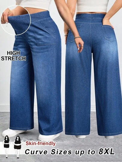 SHEIN CURVE+ Plus Size Casual Washed High Waist Straight Leg Jeans