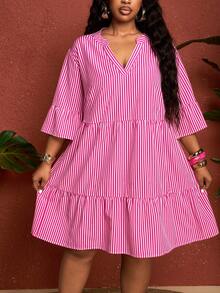 SHEIN CURVE+ Curve 尺码 US22 音乐节、海滨度假、波西米亚风女士休闲 V 领条纹度假连衣裙，粉色 - 杏色 - 查看 7