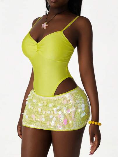 Amplova Women Neon Green Ruched Camisole Jumpsuit And Sequin Bodycon Mini Skirt Sexy 2 Pieces Set