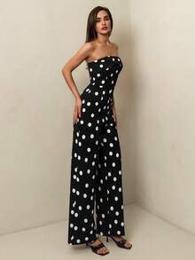 SHEIN Glamour 女士连体裤，针织黑白波点无肩带连体裤 - 黑與白 - 查看 4