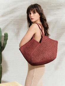 SHECARRY Bolso de mano tejido de moda para mujer, bolso de hombro de gran capacidad - Marrón rojo - Ver 6