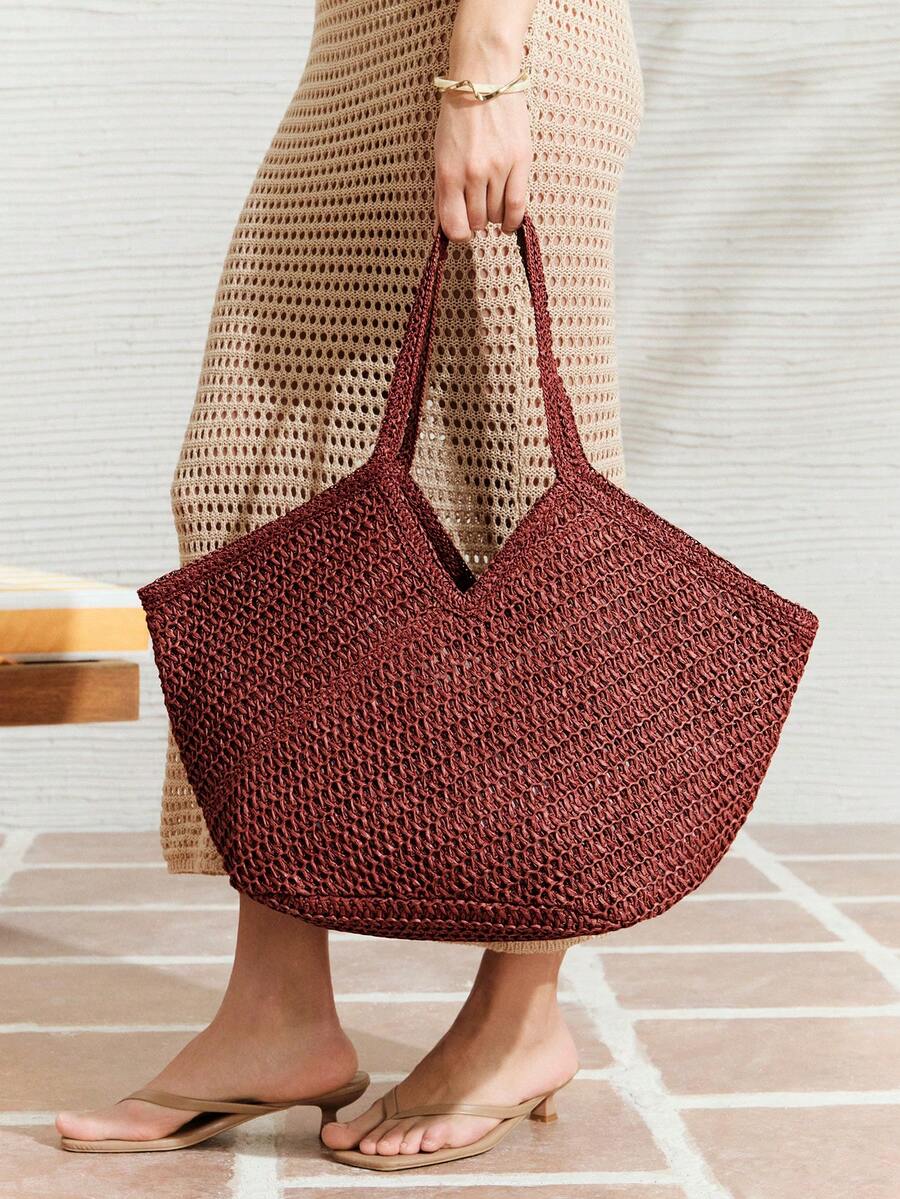 SHECARRY Bolso de mano tejido de moda para mujer, bolso de hombro de gran capacidad - Marrón rojo - Ver 1