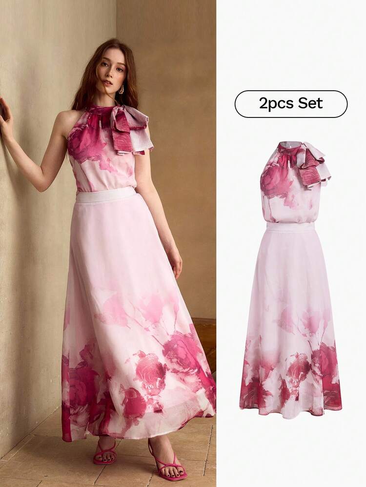 WOMEN'S OMBRE BOW DECOR TOP & SKIRT 2-PIECE OUTFIT SET