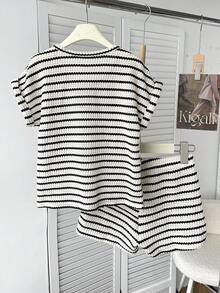 SHEIN 2pcs/Set Tween Girls Asymmetric Textured Striped Cropped Camisole Top And Shorts Set, Casual Vacation Home Y2K Style - Black and White - View 7