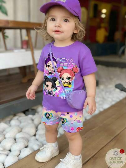 Conjunto de 2 piezas de top con estampado de estrella y letra, y shorts con estampado de corazón y letra, para niña bebé, adecuado para salidas en verano