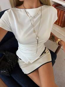 Livesso Women's Pleated Waist White Elegant Blouse, Summer - White - View 7