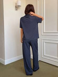 Napfluff Bộ đồ ngủ nữ tay ngắn và quần dài dệt sọc thêu họa tiết, kiểu Hàn Quốc, thích hợp mặc ở nhà hoặc mặc ngoài. - Màu xanh lam - Xem 2