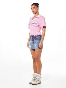 BABYPHAT 印花短袖 Polo 领褶皱下摆露脐 T 恤，配对比白色领子 - 粉色 - 查看 6