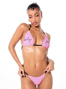 BABYPHAT 女士三角比基尼套装，印花黑色撞色肩带两件式泳衣 - 粉色 - 查看 1