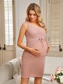 SHEIN Women's Pink Summer Casual Maternity Dress,Solid Color Cinched Waist Textured Fabric Everyday Loungewear,Comfortable Labor & Delivery Wear Nightgown - Pink - View 5