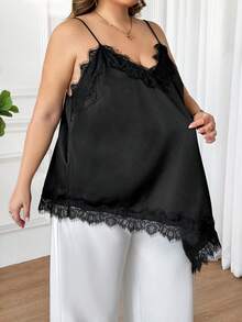 SHEIN CURVE+ 大码女式黑色缎面连衣裙，采用精致弹力面料，舒适柔软，细肩带设计，修身长款上衣，蕾丝拼接装饰，不对称斜裁下摆设计，现代都市休闲时尚，商务风格 - 黑色 - 查看 5