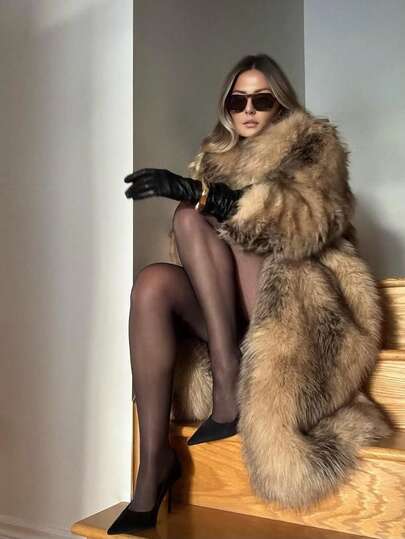 FLORETTA ÉLENA Women's Oversized Lapel Long Sleeve Loose Faux Fur Jacket, Fashion New Design