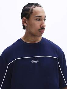 SUMWON 男士藏蓝色短袖圆领纯棉T恤，白色撞色滚边细节，常规版型，休闲上衣，夏季必备 - 藍色 - 查看 6