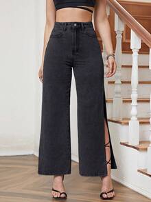 SHEIN Essnce Quần jean denim cạp cao xẻ tà bên hông, kiểu dáng thường ngày. - màu đen - Xem 5