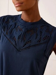 Lilora 女士极简纯色拼接无袖T恤 - 寶藍色 - 查看 9