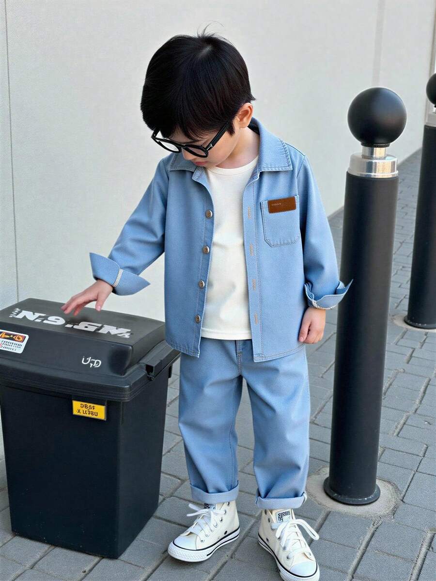 Genkimix Kids 这款男童休闲长袖牛仔套装,上衣采用简约宽松的翻领设计,饰以棕色压纹字母印花和实用口袋,搭配舒适的休闲裤,尽显简约优雅。适合春秋季日常穿着、上学、旅行和休闲活动,是必备的基础牛仔套装。 - 淺色水洗藍 - 查看 1
