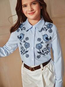 Anewsta Spring New Girls & Tween GirlsLong Sleeve Striped Embroidered Casual Blue Shirt - Blue - View 2