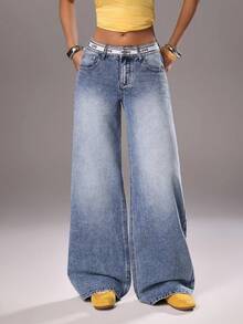 TRNVIE Fashionable Casual Street Style Woven Strap Letter Print Straight Leg Jeans - Light Wash - View 4