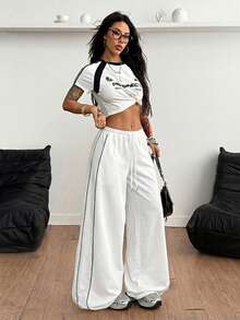 Coolane Summer Sport Casual Logo Pattern Baggy Sweatpants Comfy Pants White Wide Leg Pants Women Pants Wide Leg Wide Leg Summer Pants Loose Pants - White - View 6