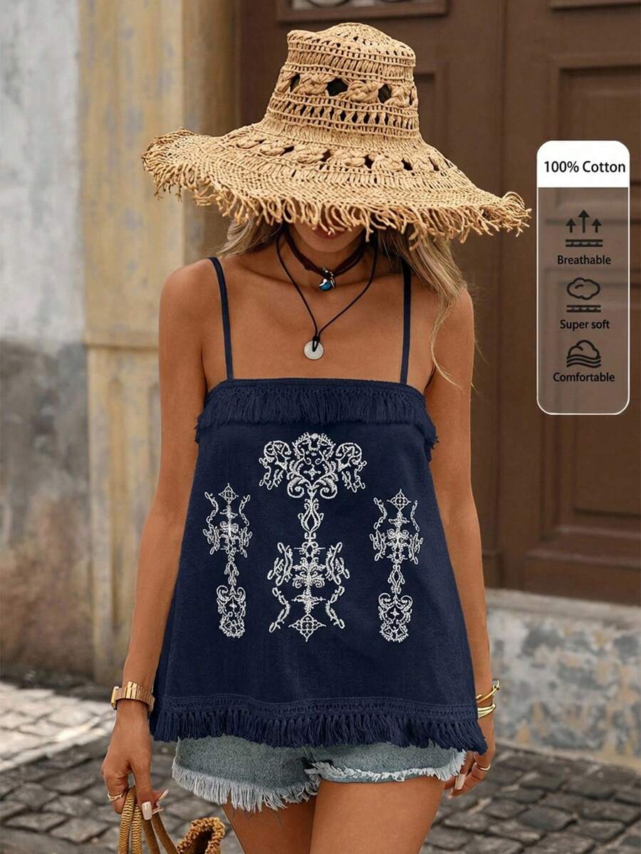 Brillora Áo hai dây nữ kiểu dáng thường ngày, thêu họa tiết và trang trí tua rua, thích hợp cho kỳ nghỉ. - Màu xanh hải quân - Xem 1