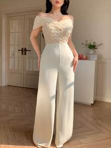 DAZY 女士优雅亮片拼接露肩阔腿连体裤，夏季 - 米色 - 查看 4