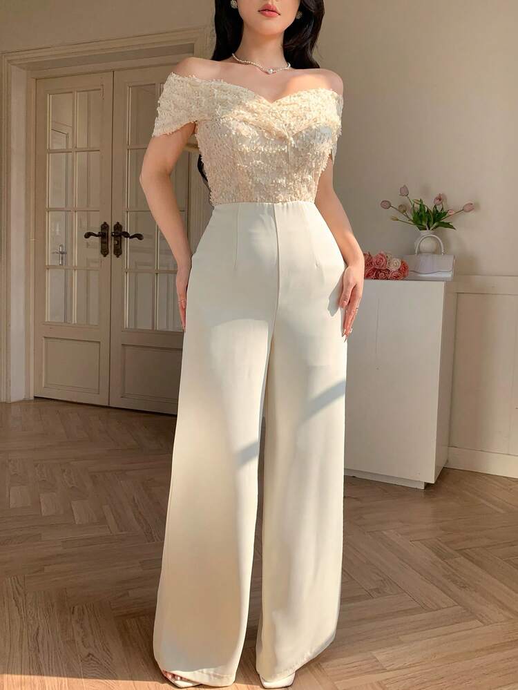 DAZY Mono elegante de mujer con parches de lentejuelas y hombros descubiertos, de pierna ancha, para verano - Beis - Añade 4