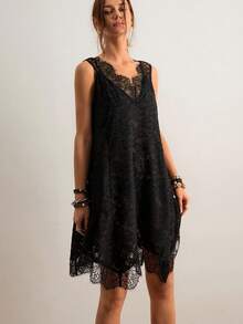 Freevana Women's Lace Casual Vacation Date Night Mini Dress - Black - View 8
