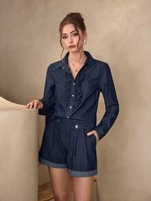 Selenza 女士休闲水洗牛仔衬衫，荷叶边下摆 - 藍色 - 查看 5