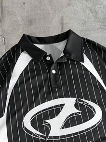 AXEPEAK 男士字母条纹短袖休闲宽松 Polo 衫 - 黑色 - 查看 3