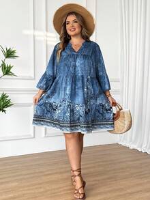 SHEIN CURVE+ 大码深V领印花短款休闲连衣裙，适合度假波西米亚风度假 - 彩色 - 查看 6