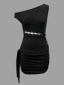 INAWLY Women's Asymmetric-Shoulder Tie Strap Dark Grey Mini Dress - Dark Grey - View 3