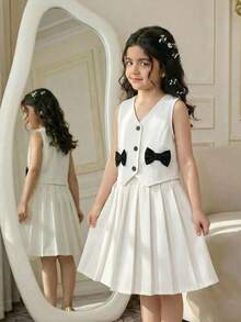 SHEIN Conjunto de camiseta con lazo y falda para niñas jóvenes - Multicolor - Ver 4