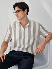 RONVEXI Men's Casual Commuter Striped Short Sleeve Shirt, Summer - Grey - View 1