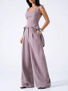 LYSMO 2026 New Arrive Minimalism Spring/Summer Women's Striped Square Neck Collar Vest And Wide Leg Pants Casual Suit Set - Burgundy - View 3