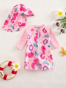 SHEIN Newborn Baby Floral Print Beach Romper Shorts,Summer Girl Rashguard Swimsuit Rash Guards For Girls Bathing Suit Long Sleeve - Pink - View 1